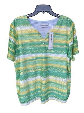 Alfred Dunner Green, Yellow & White Striped Short Sleeve V-Neck Top NWT